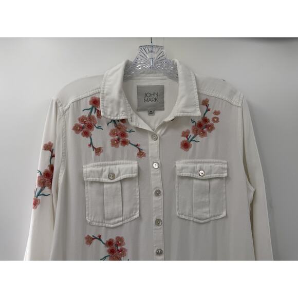 John Mark Women's Off White Floral Embroidered Shirt Dress Medium Country Chic - Picture 2 of 13